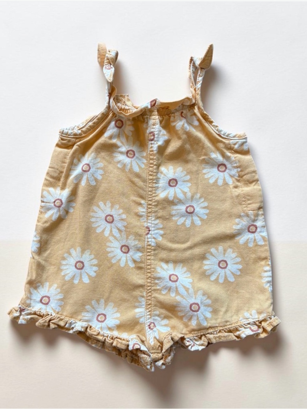 Linen Yellow Daisy Romper | White Floral Print | 2T
